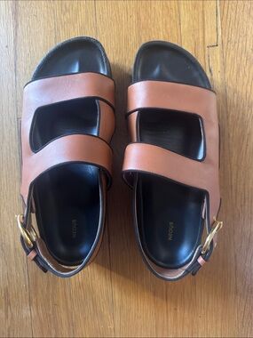 NEOUS Women's Tan Leather Slide Sandals with Gold Buckle size 40